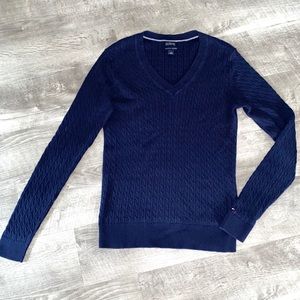 VTG 00s TOMMY HILFIGER GOLF BLUE WHITE ALL OVER ARGYLE V NECK KNIT JUMPER L